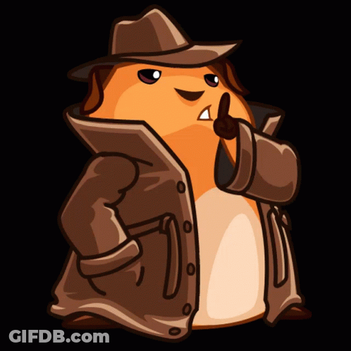A Cartoon Hamster Wearing A Hat And Coat Is Holding His Finger To His Mouth GIF
