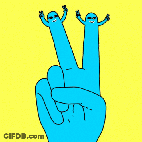 A Cartoon Hand Giving A Peace Sign With Two Blue Fingers GIF