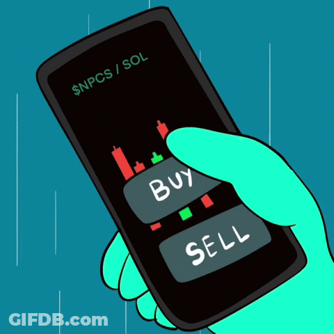 A Cartoon Hand Is Holding A Phone That Says Buy And Sell On It GIF