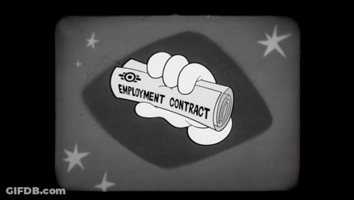 A Cartoon Hand Is Holding A Roll Of Paper That Says Employment Contract GIF