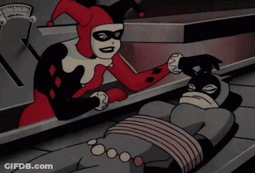 A Cartoon Harley Quinn Is Talking To A Man Tied Up GIF