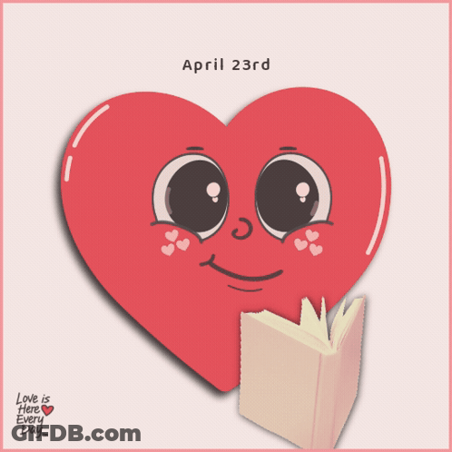A Cartoon Heart Reading A Book With The Words Happy World Book Day April 23Rd GIF