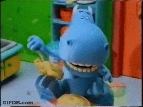 A Cartoon Hippo Is Brushing His Teeth In A Kitchen GIF