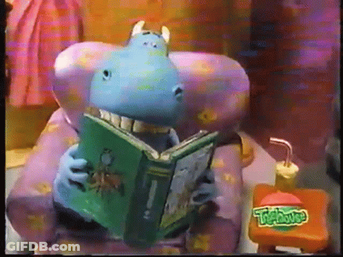 A Cartoon Hippo Is Reading A Book While Sitting In A Chair Next To A Tiger Juice GIF