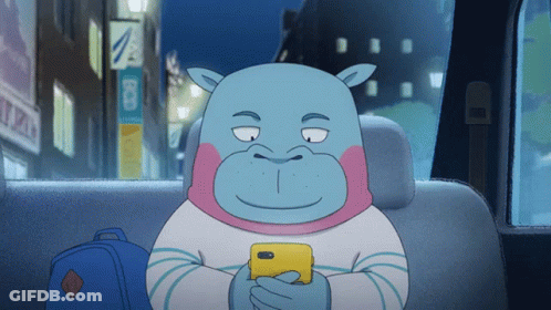 A Cartoon Hippo Is Sitting In The Back Seat Of A Car Looking At His Cell Phone GIF