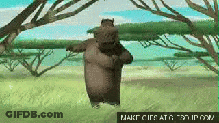 A Cartoon Hippopotamus Is Dancing In The Grass . GIF