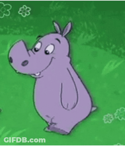 A Cartoon Hippopotamus Is Sitting On A Green Field . GIF