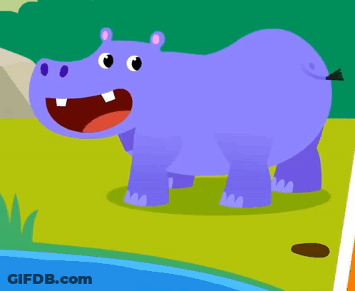 A Cartoon Hippopotamus Is Standing Next To A Pond GIF