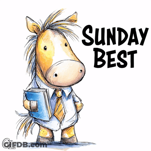 A Cartoon Horse Holding A Book With The Words " Sunday Best " Above It GIF