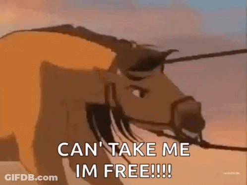 A Cartoon Horse Is Being Pulled By A Rope And Says `` Can 'T Take Me Im Free !! '' GIF