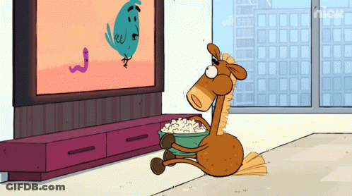 A Cartoon Horse Is Eating Popcorn In Front Of A Television Screen That Says Nick GIF