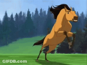 A Cartoon Horse Is Running On Its Hind Legs On A Grassy Field . GIF