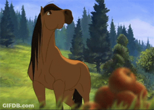 A Cartoon Horse Is Standing In A Field With Apples GIF