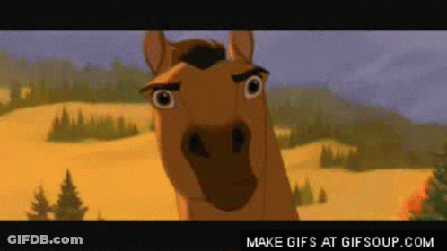 A Cartoon Horse Is Standing In A Field With Trees In The Background And Looking At The Camera . GIF