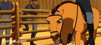 A Cartoon Horse Is Standing Next To A Wooden Fence And A Man Is Riding It . GIF