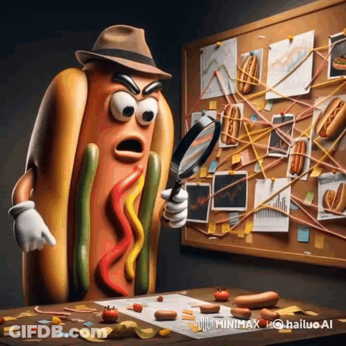 A Cartoon Hot Dog Looking Through A Magnifying Glass At A Bulletin Board GIF