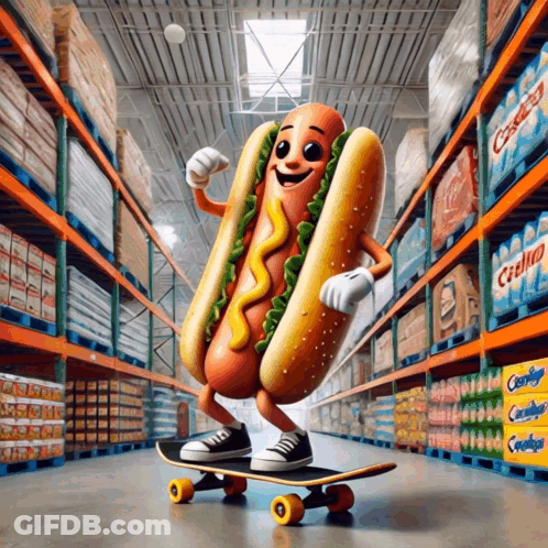 A Cartoon Hot Dog Riding A Skateboard In A Store GIF