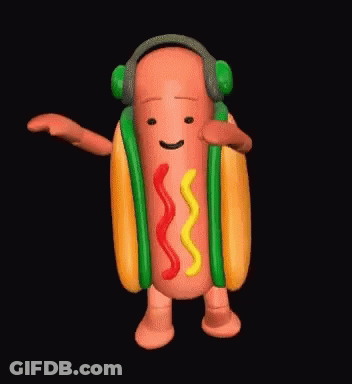 A Cartoon Hot Dog Wearing Headphones And Ketchup And Mustard Is Dancing . GIF