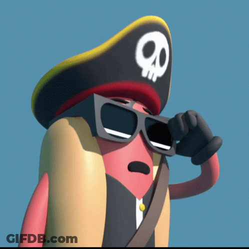A Cartoon Hot Dog Wearing Sunglasses And A Pirate Hat GIF