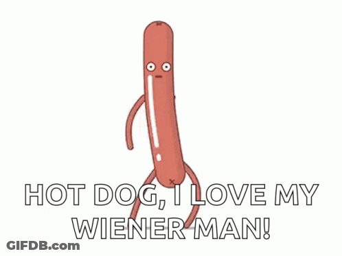 A Cartoon Hot Dog With Arms And Legs Says Hot Dog I Love My Wiener Man ! GIF