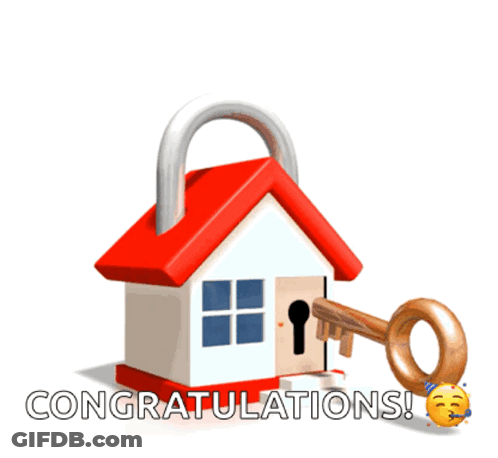 A Cartoon House With A Padlock And A Key And The Words Congratulations GIF