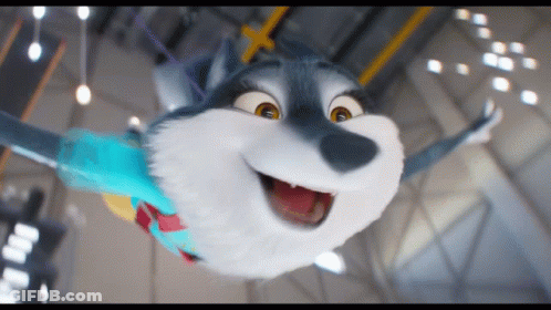 A Cartoon Husky Wearing A Blue And Red Cape Is Flying Through The Air GIF