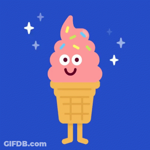 A Cartoon Ice Cream Cone With A Face And Sprinkles GIF