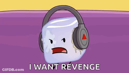 A Cartoon Ice Cube Wearing Headphones Next To A Red Pin With The Words I Want Revenge Below It . GIF