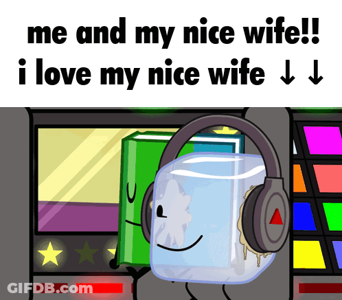 A Cartoon Ice Cube Wearing Headphones With The Caption " Me And My Nice Wife I Love My Nice Wife " GIF