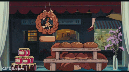 A Cartoon Illustration Of A Bakery With A Sign That Says Cafe GIF