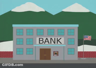 A Cartoon Illustration Of A Bank Building With Mountains In The Background GIF