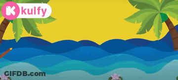 A Cartoon Illustration Of A Beach With Palm Trees And The Word Kulfy On The Bottom GIF