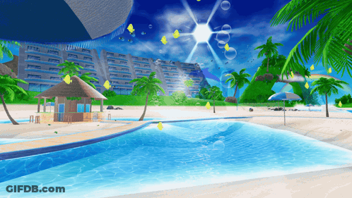Beach Scene With Palm Trees And Umbrellas GIF