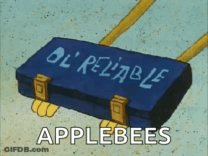 A Cartoon Illustration Of A Blue Suitcase With The Words `` Ol ' Reliable Applebees '' Written On It . GIF