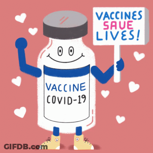 A Cartoon Illustration Of A Bottle Of Vaccine Covid-19 Holding A Sign That Says Vaccines Save Lives GIF
