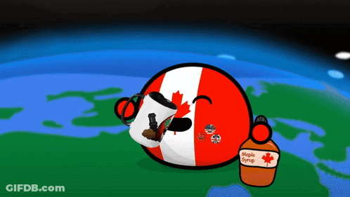 A Cartoon Illustration Of A Canadian Ball Holding A Cup Of Coffee Next To A Bottle Of Maple Syrup GIF