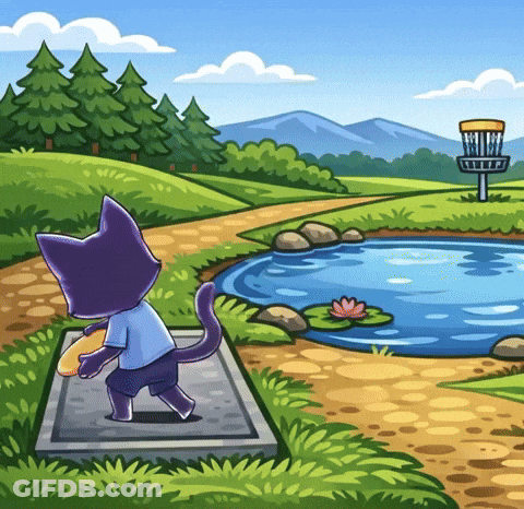 A Cartoon Illustration Of A Cat Playing Frisbee Golf GIF