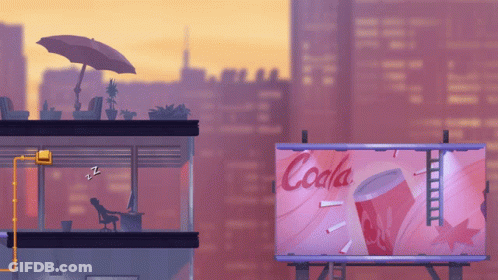 A Cartoon Illustration Of A City With A Billboard For Cola GIF