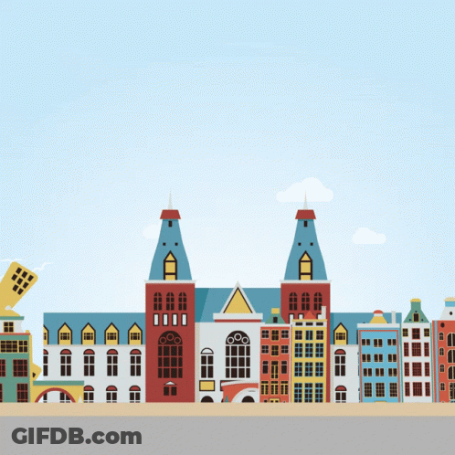 A Cartoon Illustration Of A City With A Building That Says ' Amsterdam ' On It GIF