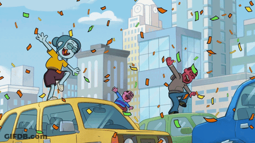 City Illustration With Falling Confetti GIF