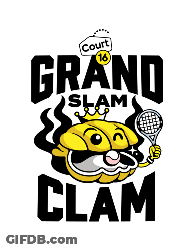 A Cartoon Illustration Of A Clam Holding A Tennis Racquet With The Words Grand Slam Below It GIF