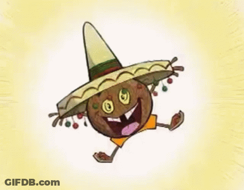A Cartoon Illustration Of A Coconut With Arms And Legs Wearing A Sombrero And A Belt . GIF