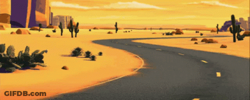 A Cartoon Illustration Of A Desert Road With Cactus In The Background GIF