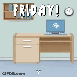 A Cartoon Illustration Of A Desk With A Laptop And The Words Friday GIF