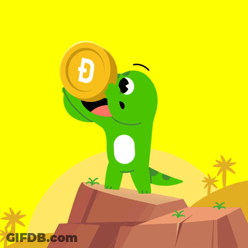 A Cartoon Illustration Of A Dinosaur Holding A Coin With The Letter D On It GIF