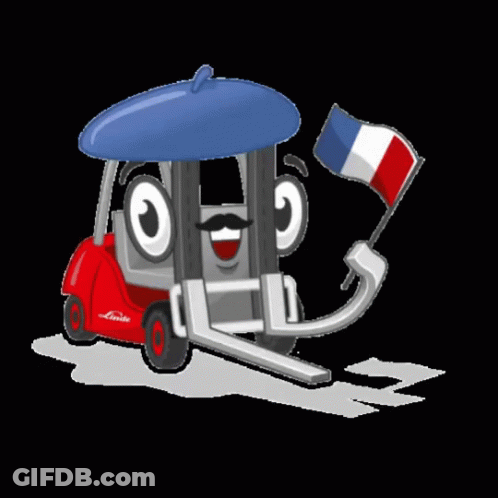 A Cartoon Illustration Of A Forklift Wearing A Blue Hat And Holding A French Flag GIF
