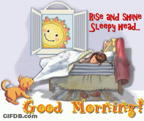 A Cartoon Illustration Of A Girl Sleeping In A Bed With The Words Rise And Shine Sleepy Head GIF