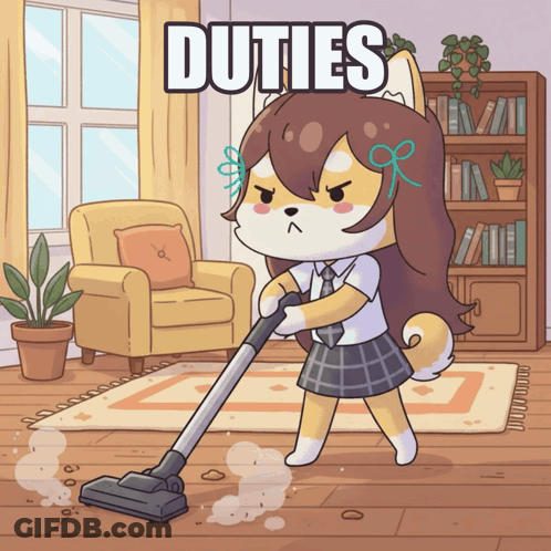 A Cartoon Illustration Of A Girl Vacuuming The Floor With The Word Duties Written Above Her GIF