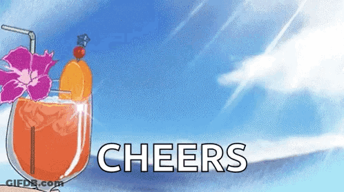 A Cartoon Illustration Of A Glass Of Orange Juice With A Straw And The Words `` Cheers '' Written Below It . GIF