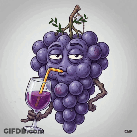 A Cartoon Illustration Of A Grape Drinking From A Glass With A Straw GIF